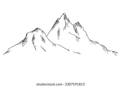 Mountains. Mountainous sketch. Hilly landscape hand-drawn. Line art. Vector illustration