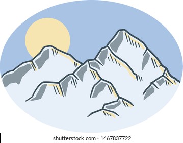 Mountains and natural landscape. Tourism in Northern country. Snow on rocks. Blue sky and sun. Hand-drawn sketch cartoon. Logo for Mountaineering and climbing