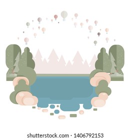 Mountains nature landscape flat vector illustration. Hot air balloons flying in sky. Active tourism cartoon drawing. Summer camping, hiking