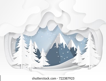 Mountains And Nature Landscape On Snow Winter Background.For Merry Christmas And Happy New Year Paper Art Style.Vector Illustration.