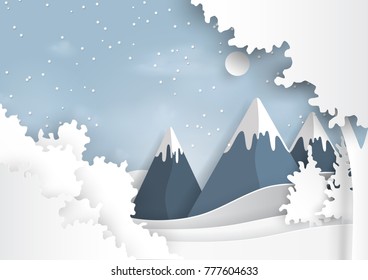 Mountains and nature landscape on snow winter background.For merry christmas and happy new year paper art style.Vector illustration.