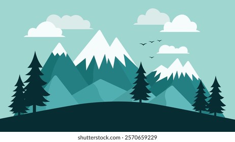 Mountains Nature Landscape with Pine Trees in Bright Sky