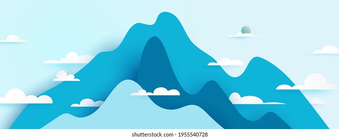 Mountains nature landscape scenery banner background paper art style.Vector illustration.
