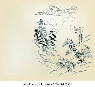 mountains nature landscape view vector sketch illustration japanese chinese oriental line art