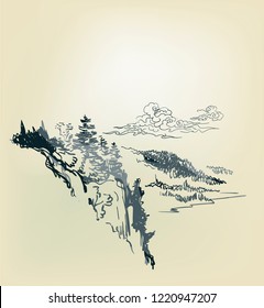 mountains nature landscape view vector sketch illustration japanese chinese oriental line art