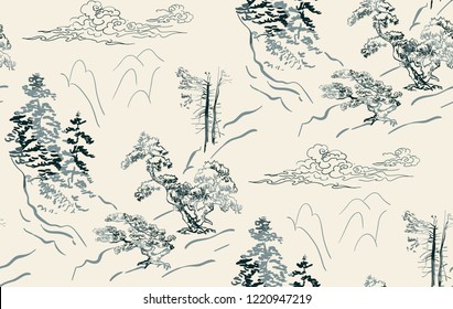 mountains nature landscape view vector sketch illustration japanese chinese oriental line art