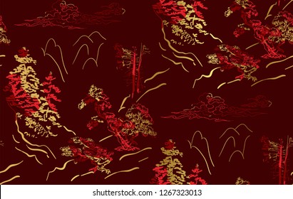mountains nature landscape view vector sketch illustration japanese chinese oriental line art