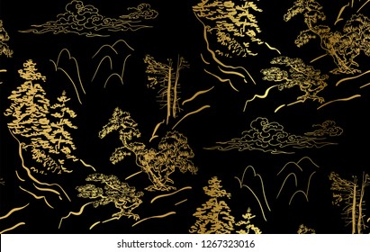 Montañas Naturaleza Paisaje Vista Vector Bosquejo Ilustración Línea Oriental Japonesa China Arte