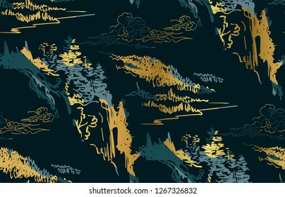mountains  nature landscape view vector sketch illustration japanese chinese oriental line art