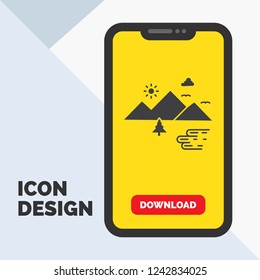 Mountains, Nature, Outdoor, Clouds, Sun Glyph Icon in Mobile for Download Page. Yellow Background
