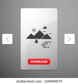 Mountains, Nature, Outdoor, Clouds, Sun Glyph Icon in Carousal Pagination Slider Design & Red Download Button