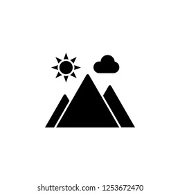 Mountains, Nature, Outdoor, Clouds, Sun Glyph Icon on Black Icon Vector icon