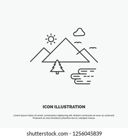 Mountains, Nature, Outdoor, Clouds, Sun Icon. Line vector gray symbol for UI and UX, website or mobile application