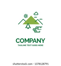 Mountains, Nature, Outdoor, Clouds, Sun Flat Business Logo template. Creative Green Brand Name Design.