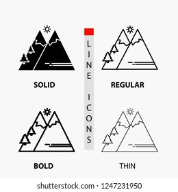 Mountains, Nature, Outdoor, Sun, Hiking Icon in Thin, Regular, Bold Line and Glyph Style. Vector illustration