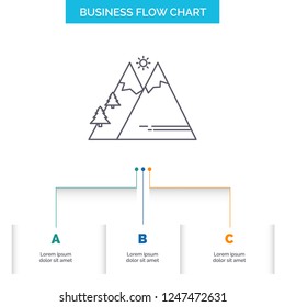 Mountains, Nature, Outdoor, Sun, Hiking Business Flow Chart Design with 3 Steps. Line Icon For Presentation Background Template Place for text