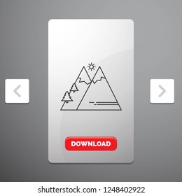 Mountains, Nature, Outdoor, Sun, Hiking Line Icon in Carousal Pagination Slider Design & Red Download Button