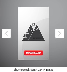 Mountains, Nature, Outdoor, Sun, Hiking Glyph Icon in Carousal Pagination Slider Design & Red Download Button