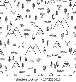 Mountains nature seamless pattern. Travel, tourism concept. Vector doodle wrapping paper template.