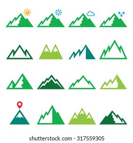 Mountains, nature vector green icons set  