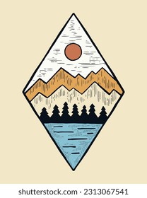 The mountains and nature vintage design vector for badge, sticker, patch, t shirt design, etc