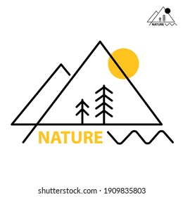 Mountains, nature,outdoor, forest, in the wild. Vector simple minimalistic vector illustrations fot t-shirt, hoodie, label. Trendy abstract print design. Travel and tourism. Hiking, trekking