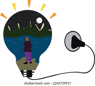 Mountains and and Netural scenery in a light bulb. travel, tourismand Outdoor t-shirt design.stylish apparel trendy design, typography, print, vector illustration.