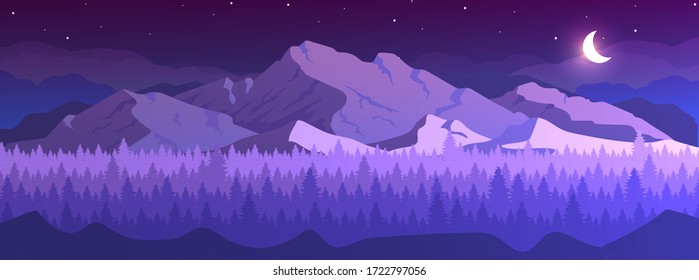 Mountains at night flat color vector illustration. Coniferous forest. Wild peaceful nature. Fir trees and hills on horizon 2D cartoon landscape with crescent moon and starry sky on background