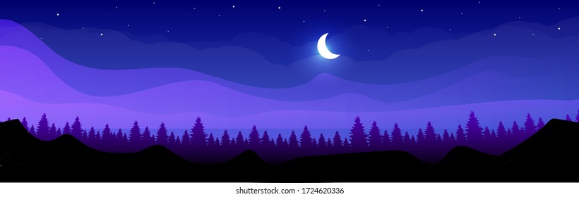 Mountains at night flat color vector illustration. Coniferous forest at midnight. Wild peaceful nature. Fir trees and hills 2D cartoon landscape with crescent moon and starry sky on background