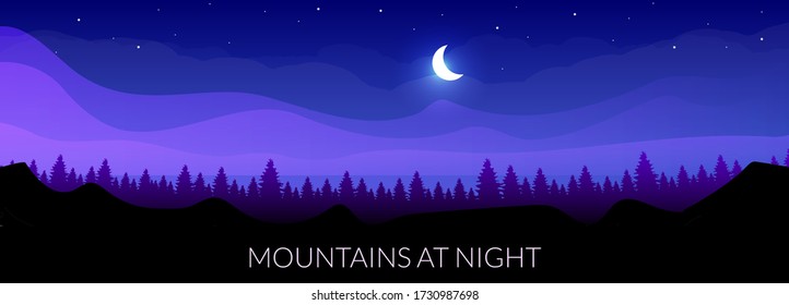 Mountains at night flat color vector banner template. Coniferous forest at midnight. Woodland skyline. Wild nature. Fir trees and hills 2D cartoon landscape with moon and starry sky on background
