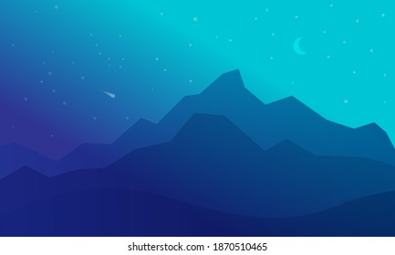 Mountains at night landscape flat style illustration clipart. Fantasy misty night. Futuristic neon glowing vector cliffs on starry sky background. Vector backdrop design template for game, web, app.