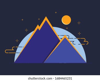 Mountains at Night. Night Landscape of Mountainous Terrain in Flat Style