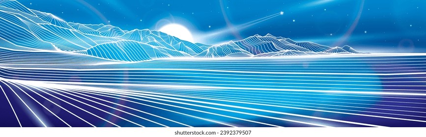 Mountains night landscape. Outline illustration on blue background. Neon glow illumination. Amazing moonlight. Snow hills. Vector design art