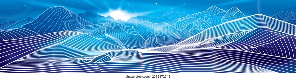 Mountains night landscape panoramic. Outline illustration on blue background. Neon glow illumination. Amazing moonlight. Snow hills. Vector design art