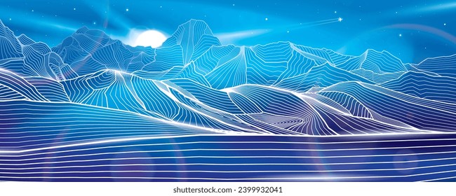 Mountains night landscape panoramic. Outline illustration on blue background. Neon glow illumination. Amazing moonlight. Snow hills. Vector design art