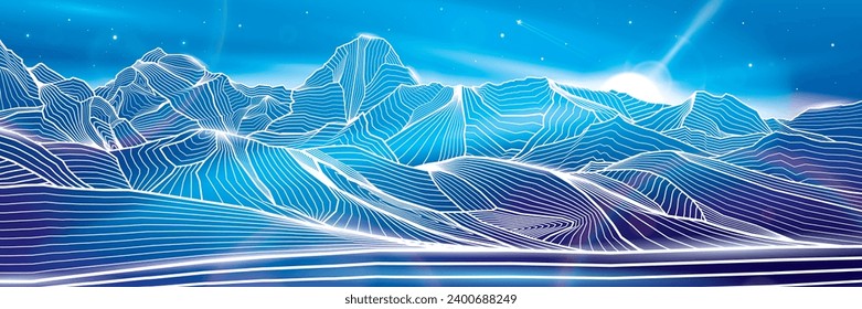 Mountains night landscape panoramic. Outline illustration on blue background. Neon glow illumination. Amazing moonlight. Snow hills. Vector design art