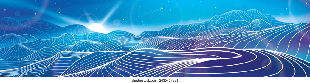 Mountains night landscape panoramic. Outline illustration on blue background. Neon glow illumination. Amazing moonlight. Snow hills. Vector design art