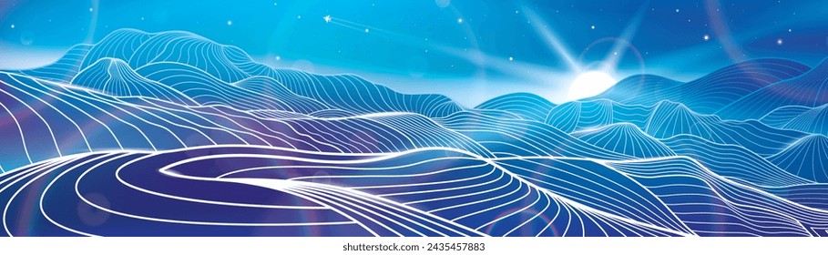 Mountains night landscape panoramic. Outline illustration on blue background. Neon glow illumination. Amazing moonlight. Snow hills. Vector design art