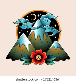 Mountains and night sky, colorful illustration at oldschool tattoo style