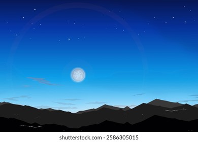 mountains with a night sky lit by the moon and stars