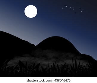 Mountains at night under the moon stars of Ursa Major