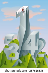 mountains with numbers shape with a mountaineer climbing at the top