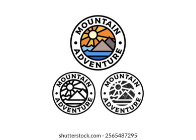 mountains with ocean and sun burst circle badge vector illustration template graphic design collection with colorful, filled and line art style for adventure and outdoors merchandise and other uses.