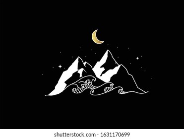 Mountains with ocean waves and moon. For spiritual guidance, tarot readers and tattoos.