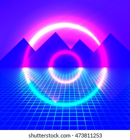 Mountains on a background of neon lights. bright light futuristic background. circle glowing. vector illustration