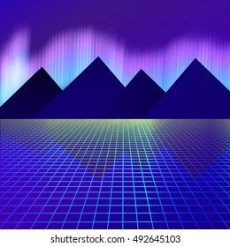 Mountains on a background of Northern Lights. grid space like wireframe. beautiful winter night at the North Pole. Vector illustration