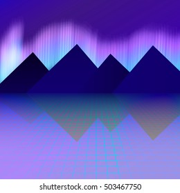 Mountains on a background of Northern Lights. grid space like wireframe. beautiful winter night at the North Pole. Vector illustration