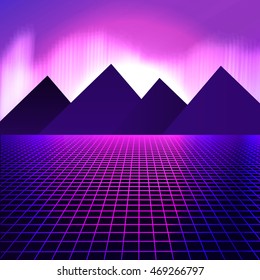 Mountains on a background of pink neon lights. Vector illustration in retro style of 80 for poster of disco party, flyer, ticket. beautiful sunset. grid cyberspace