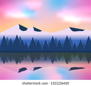 Mountains on sky pink and blue landscape with reflection  shadows in the lake . Vector illustration