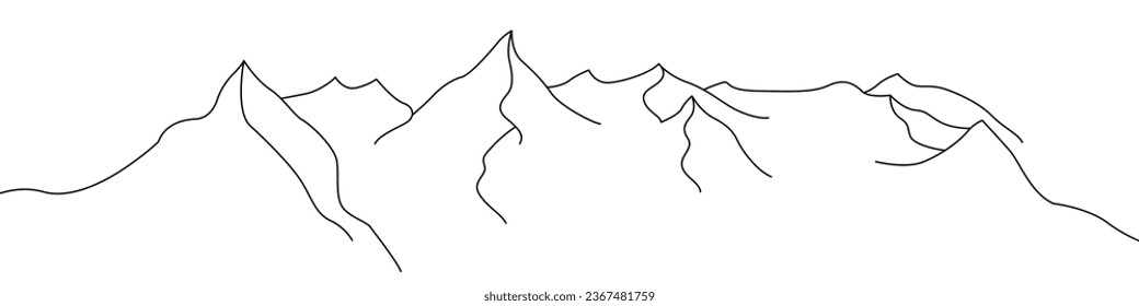 Mountains one line drawing vector. Mountain range continuous line drawing vector. Travels a single line drawing. Background contour line A Mountain slope vector.